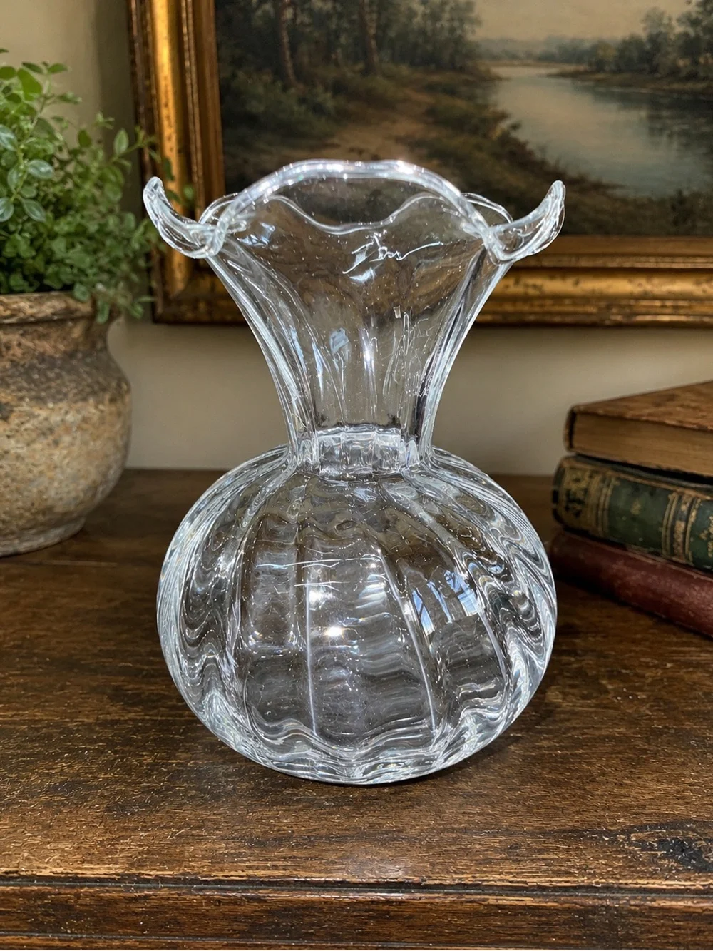 Vintage Clear Glass Vase Double Scroll Handles Bulbous Flared Ruffled Rim 6”